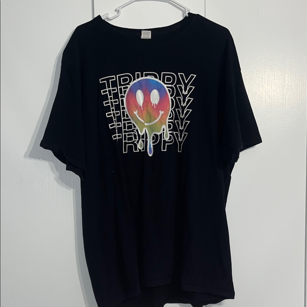 Fruit of the Loom Black Tee with Rainbow Drip Smiley